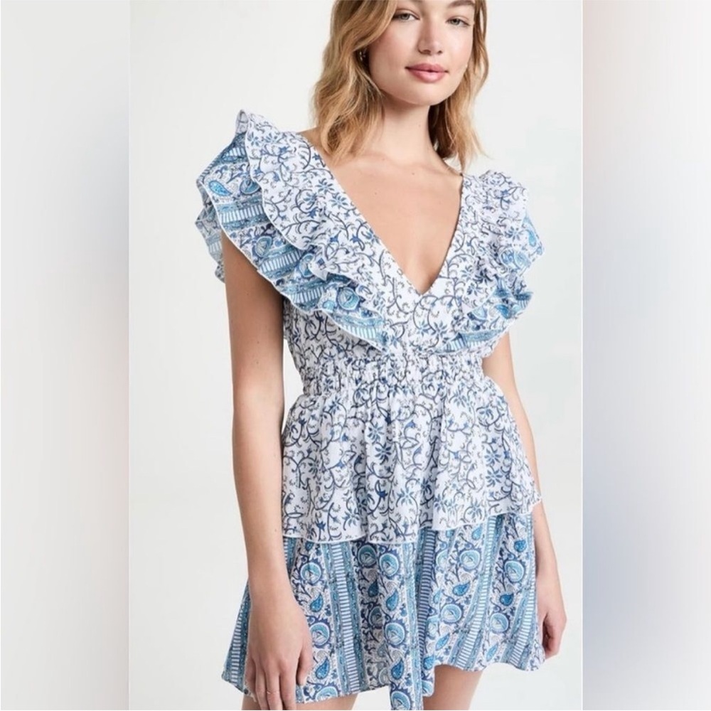 Playa Lucila Ruffle Mini Dress Blue White Size Small